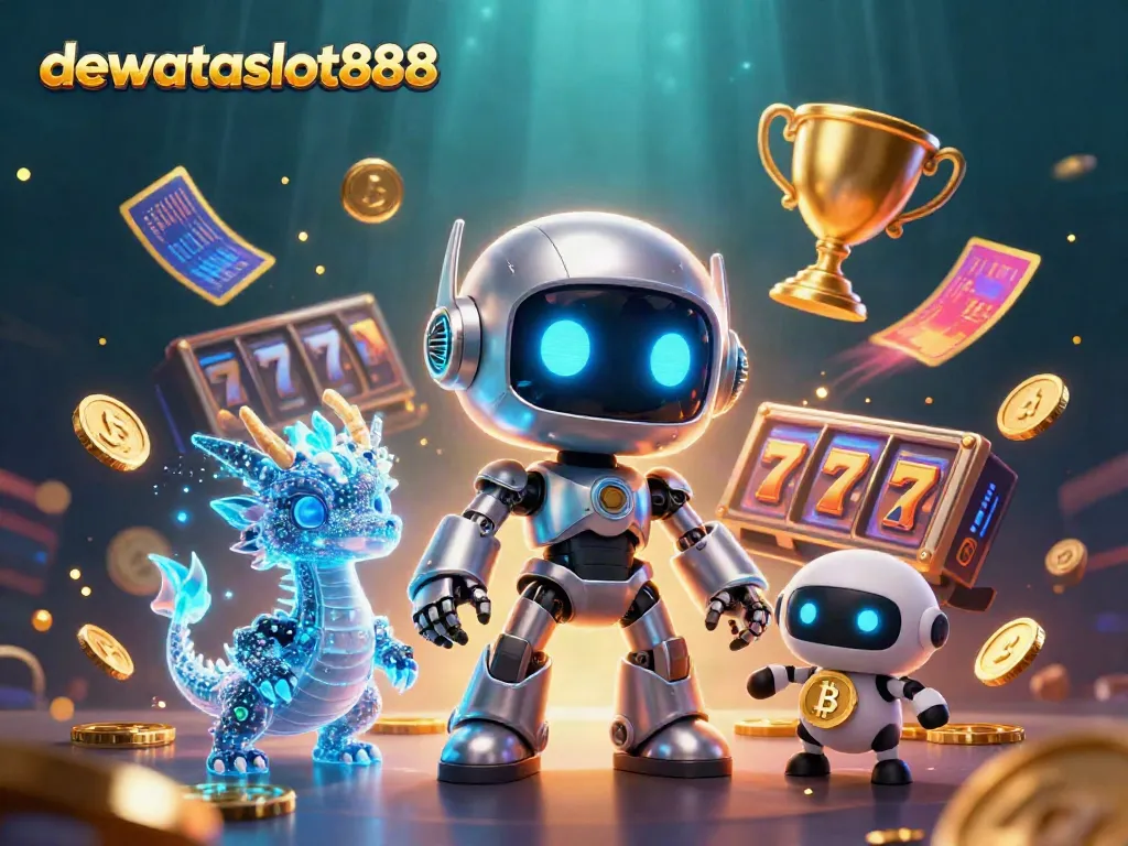 Gambarkan aksi bermain di dewataslot888 dengan robot cyberpunk, naga holografik, dan drone membawa simbol bitcoin.