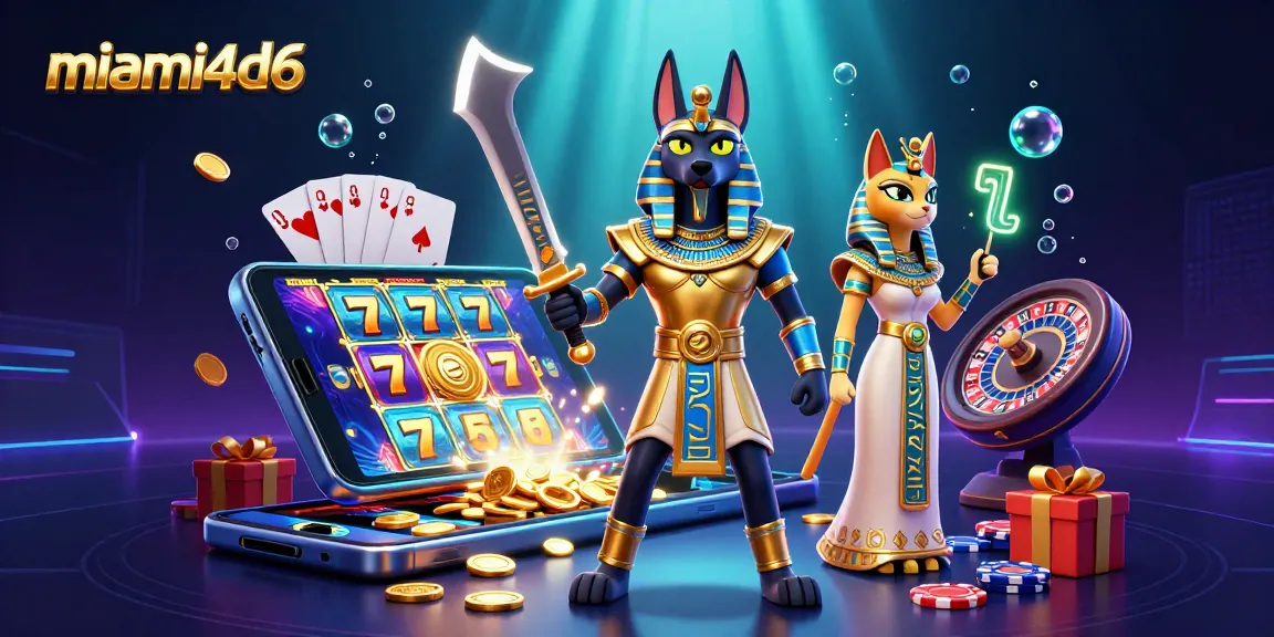 Experience thrilling wins at miami4d6 with a vibrant 3D scene featuring Anubis and Bastet amidst slot games.