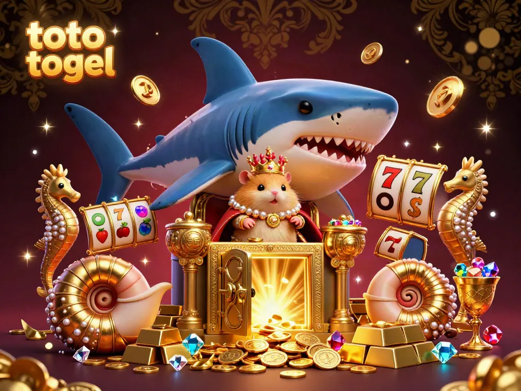 Engage in toto togel excitement with a golden hamster king and thrilling slot elements in a lavish scene.