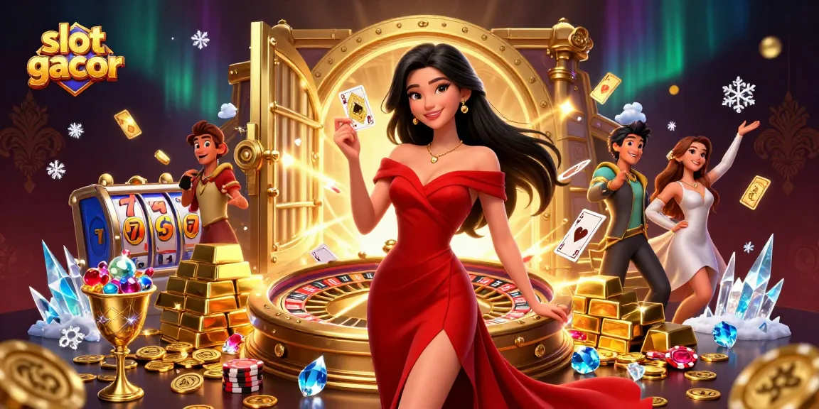 Experience slot gacor excitement with a stunning casino scene featuring jackpot symbols and vibrant characters.