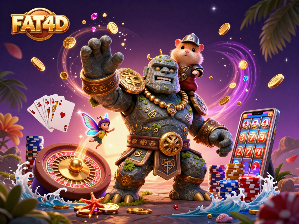 Experience the excitement of FAT4D with a golem guardian in action surrounded by casino treasures.