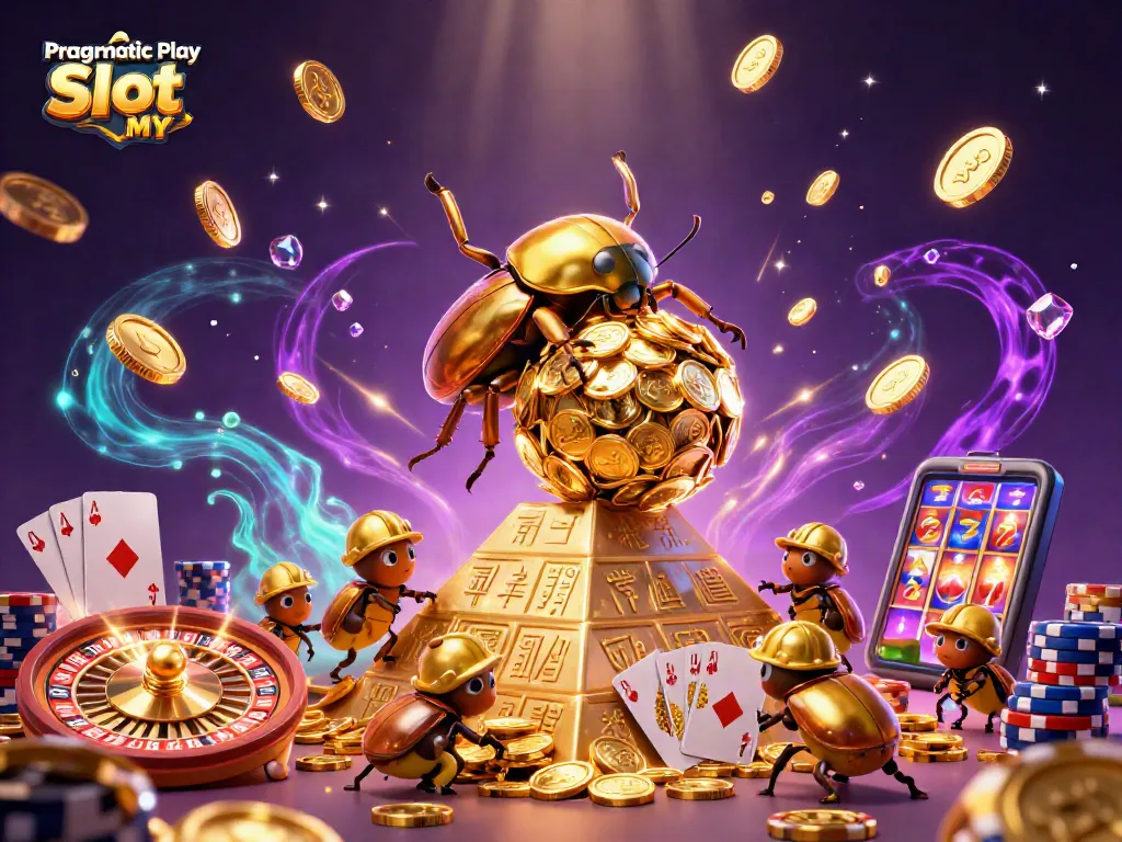 Spin the Pragmatic Play Slot MY reels while surrounded by a vibrant casino scene of gold and gems.