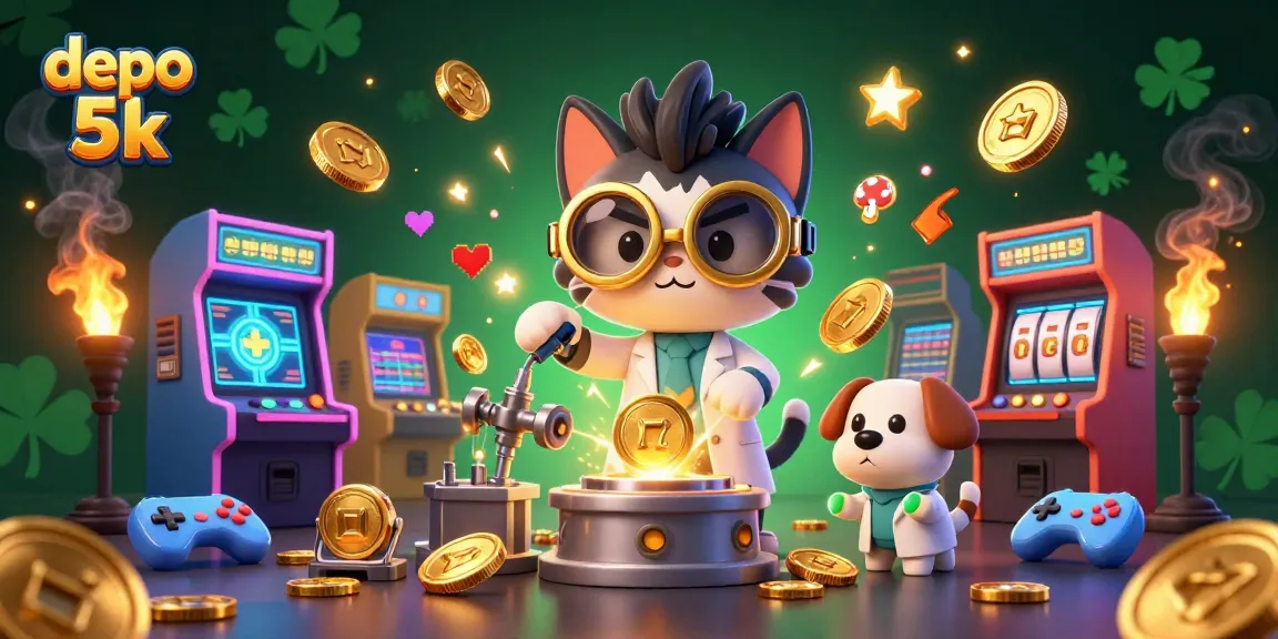 Engage with depo 5k slots in vibrant 3D illustration featuring playful characters creating casino magic.