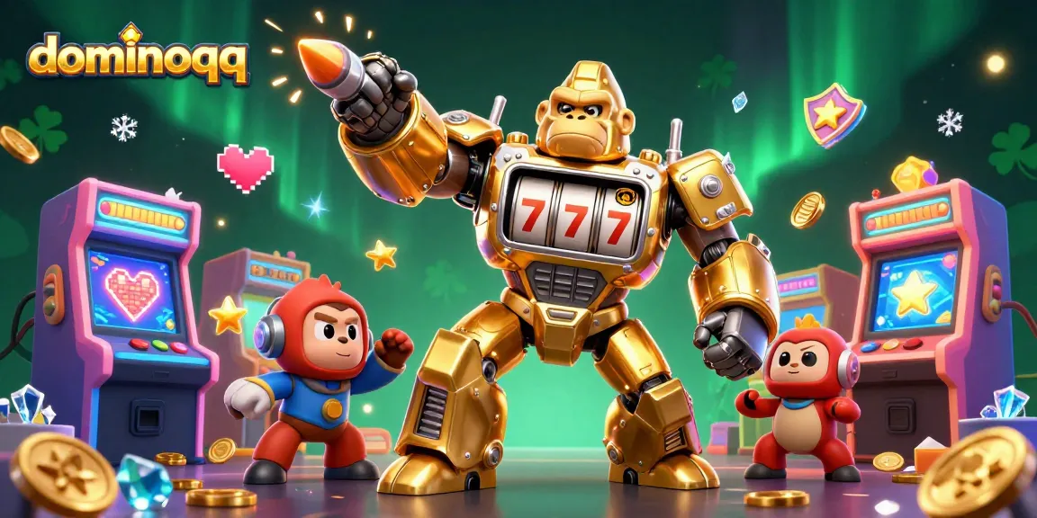Experience exhilarating gameplay with dominoqq and a golden gorilla mech in this vibrant casino scene.