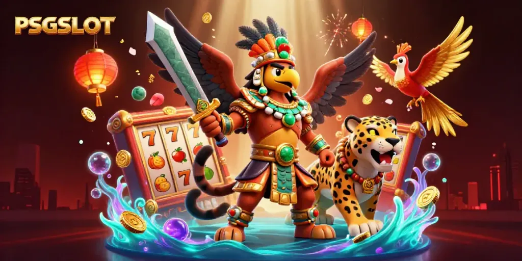 Gambar PSGSLOT menunjukkan petualangan slot gacor dengan karakter Aztec berani dan simbol keberuntungan yang berkilauan.