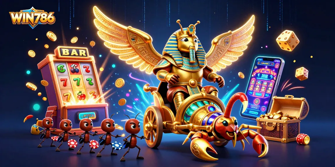 WIN786 showcases dynamic slots and casino action with vivid characters and elements in a vibrant illustration.