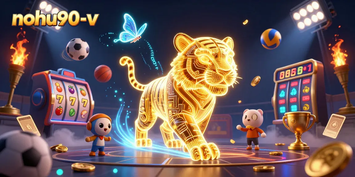 Noh90-v showcases an engaging digital casino experience with vibrant slot reels and dynamic casino elements.
