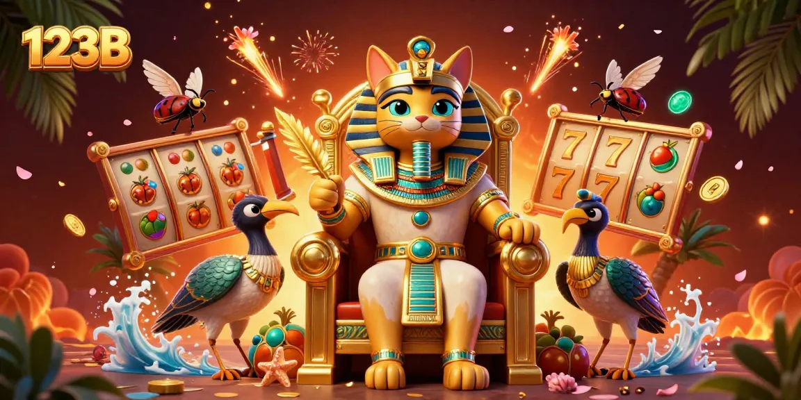 Play exciting games at 123B: A dynamic 3D scene with a pharaoh cat and vibrant casino elements