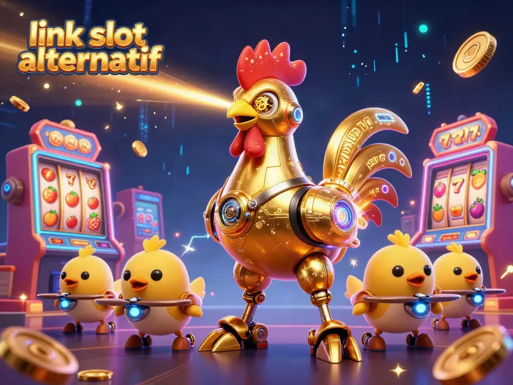 Optimalkan link slot alternatif dengan ilustrasi robot ayam berteknologi futuristik yang dikelilingi mesin slot