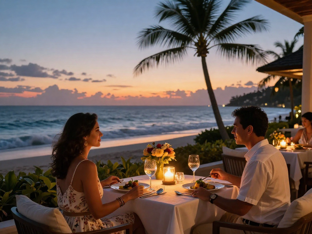 Pengalaman mewah LUXURY 111 di tepi pantai dengan pasangan menikmati makan malam romantis saat senja.
