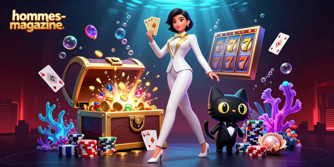 Hommes-magazine showcases a glamorous casino scene with a stylish woman shuffling cards beside a tuxedo cat.