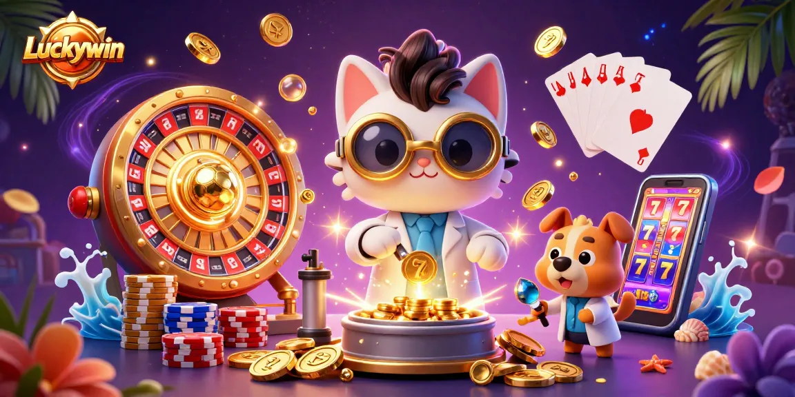 Experience Luckywin casino magic with a vibrant scene of characters and shimmering gambling elements.