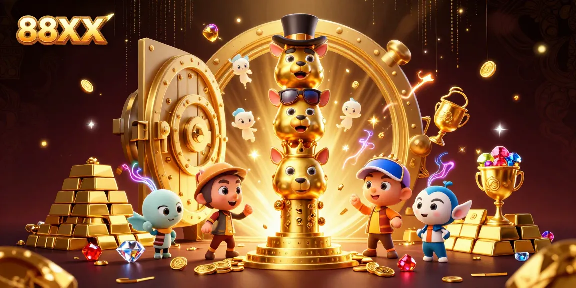 Experience thrilling gaming at 88XX with a vibrant illustration showcasing exciting casino elements and golden treasures.