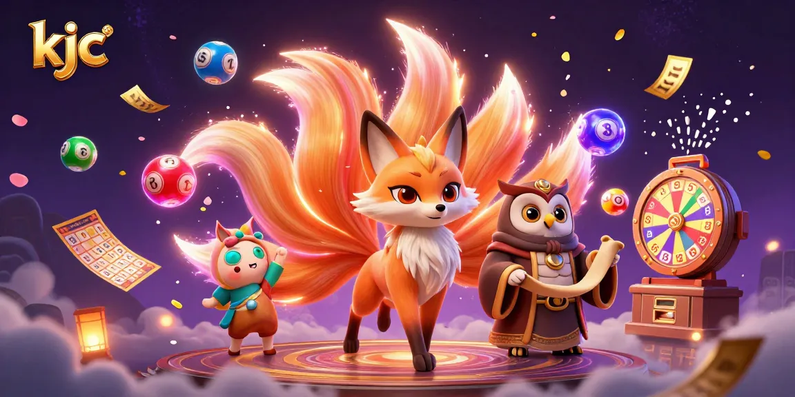 Engage with kjc's vibrant lottery experience, featuring a glowing fox spirit and lucky numbers shining bright.