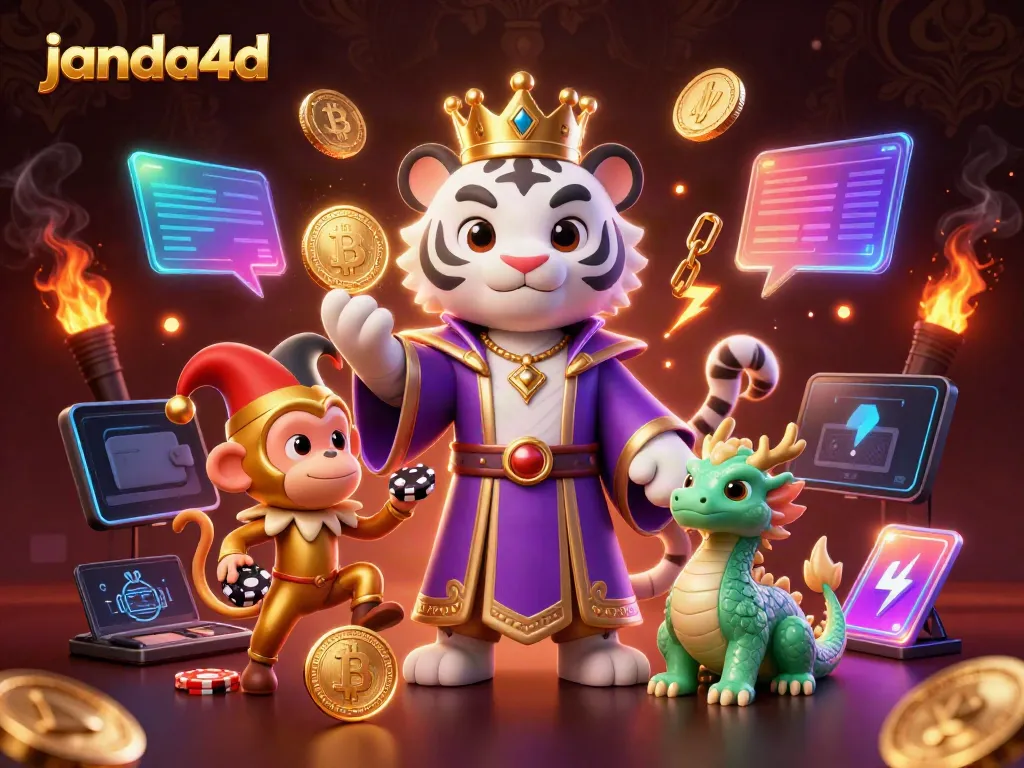 Menangkan hadiah kemewahan di janda4d dengan ilustrasi karakter kasino yang energik.