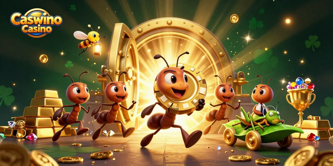 Ants in the Caswino Casino heist, carrying an oversized poker chip amidst treasures and golden sparkles.