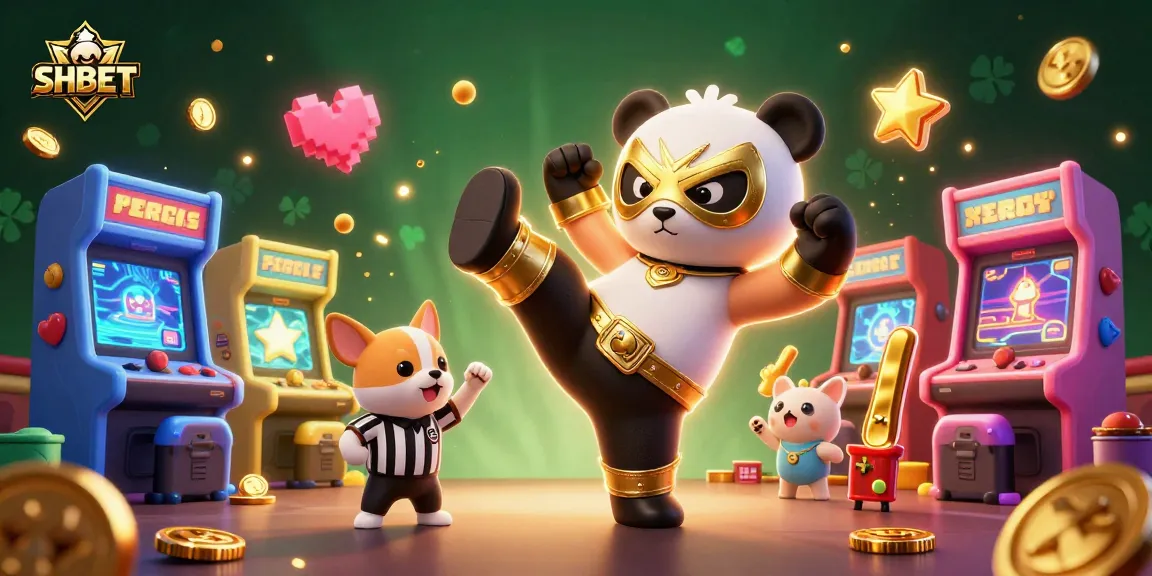 SHBET showcases thrilling gambling action with a dynamic scene featuring a panda wrestler amidst colorful casino elements.