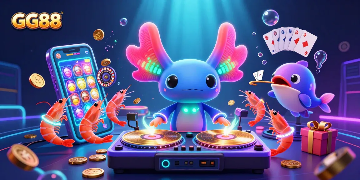 Engage with GG88's vibrant underwater casino scene featuring a DJ axolotl, shrimp dancers, and exciting game elements.