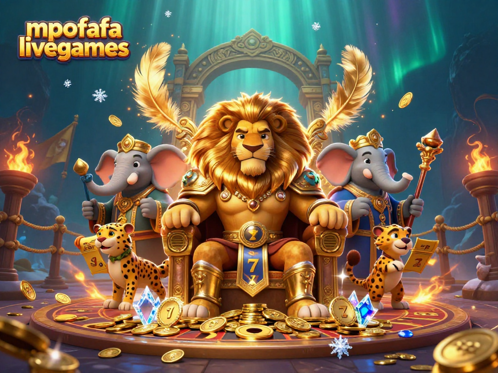 Experience the excitement of mpofafa livegames with dynamic characters in a rich casino scene filled with slot reels and jackpot elements.