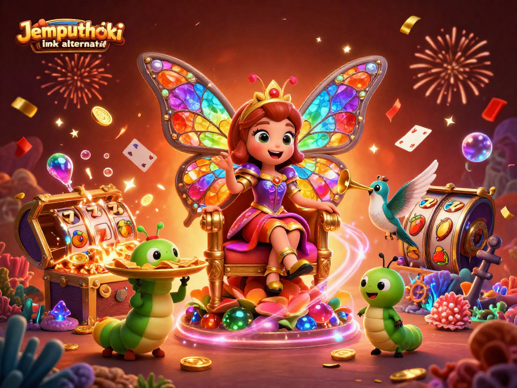 Engage with Jemputhoki link alternatif in a vibrant 3D casino scene featuring a butterfly queen and dynamic gaming elements.