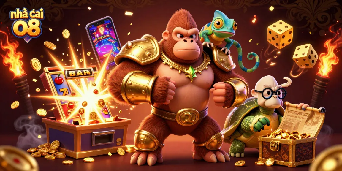Experience thrilling jackpots with nhà cái o8 in this vibrant casino-themed 3D illustration.