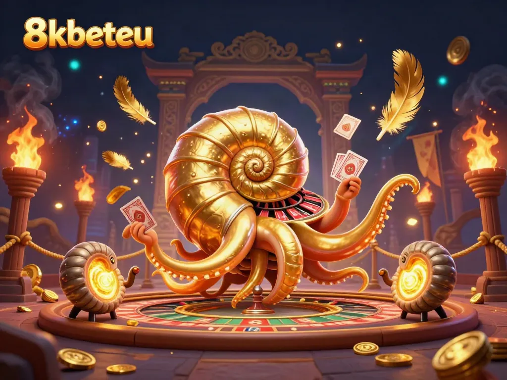 Engage with 8kbeteu’s captivating gaming experience featuring a giant nautilus as a roulette wheel amidst a rich casino atmosphere.