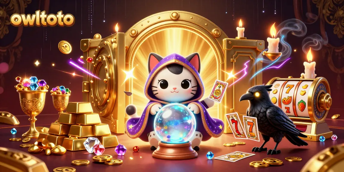 Experience the magic of owltoto with a mystic cat and raven amidst dazzling casino treasures.
