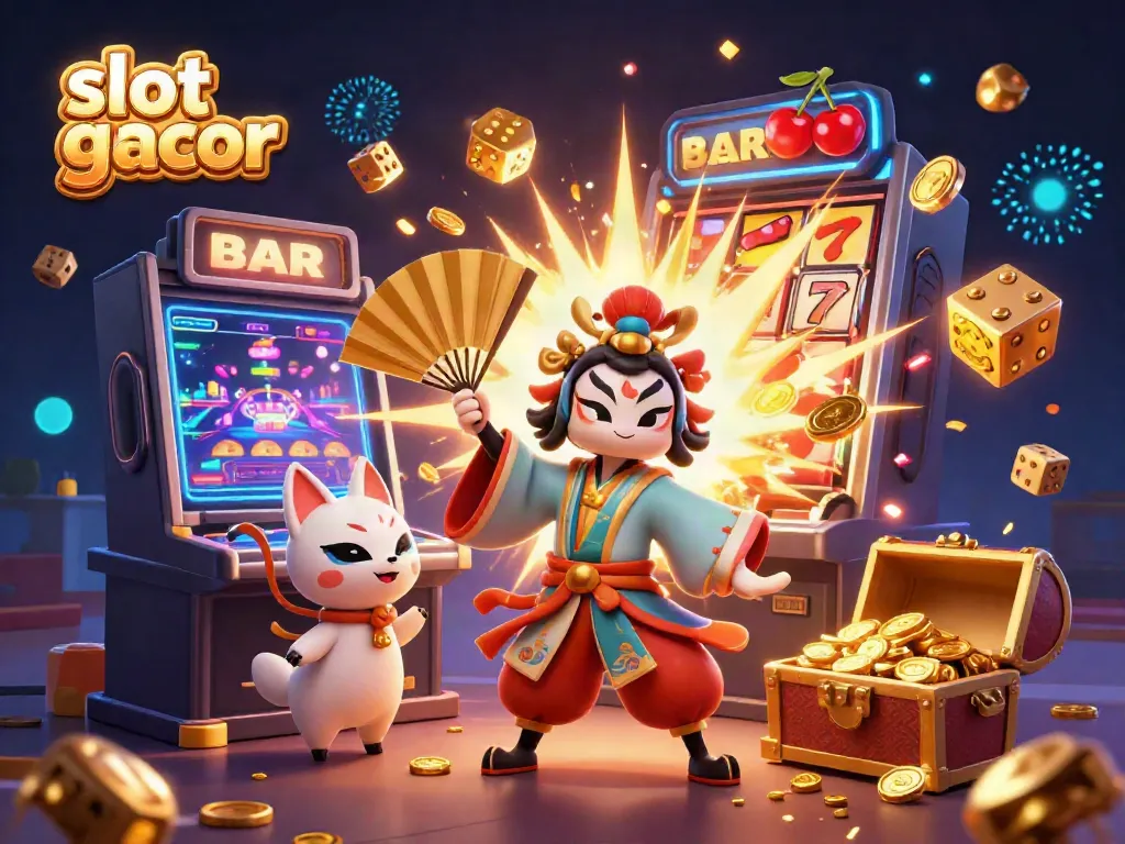 Gambarkan suasana "slot gacor" yang meriah dengan karakter kabuki, mesin slot, dan efek koin emas.
