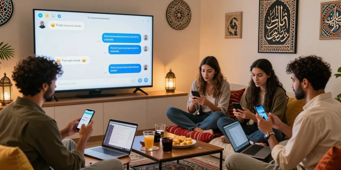 Engaging شات عربي online chat scene with diverse users sharing friendly messages in a cozy setting, showcasing community.