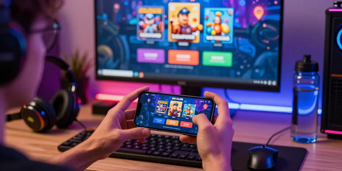 Engaged user on JaiClub login app with vibrant gaming graphics and cozy setup.