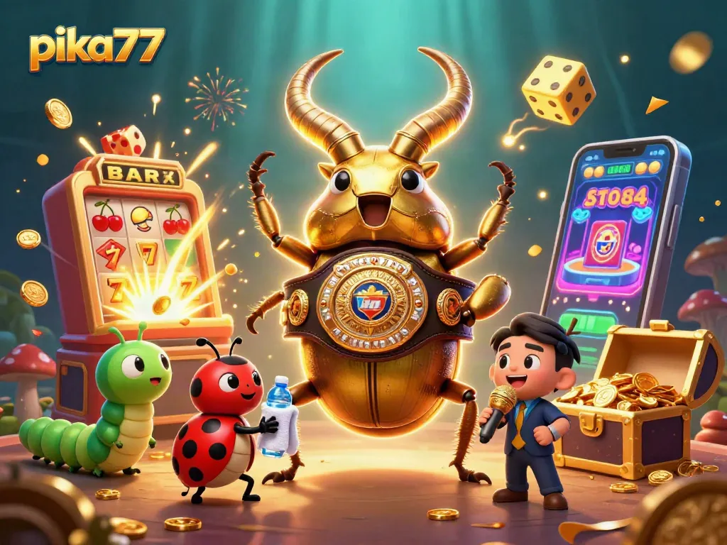 Experience the excitement of pika77 with a vibrant 3D illustration of casino elements and fun characters.