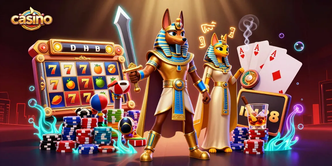 Experience a vibrant casino scene with Anubis and Bastet amid slot reels, poker chips, and neon effects.