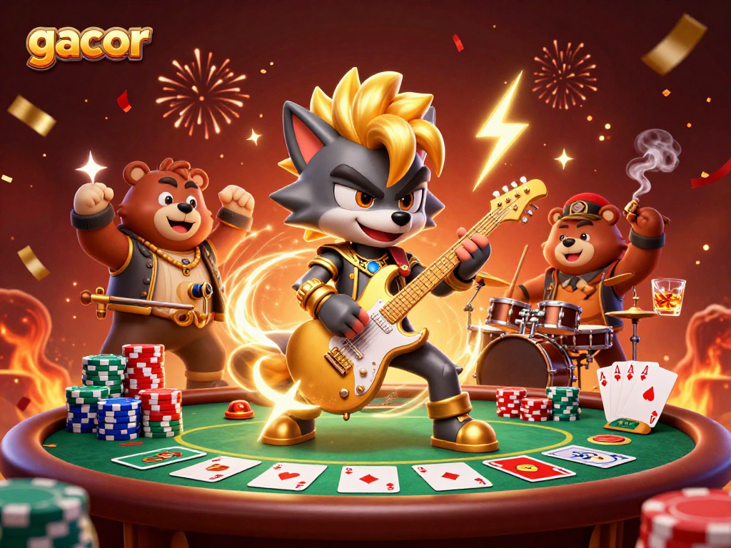 Engage with gacor slots on a vibrant casino stage featuring rock star characters and poker elements.