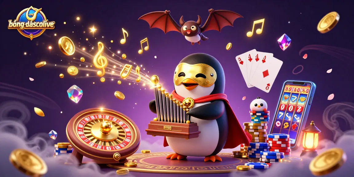 Experience thrilling action with bóngđásocolive as the phantom penguin plays a golden organ, surrounded by casino elements.