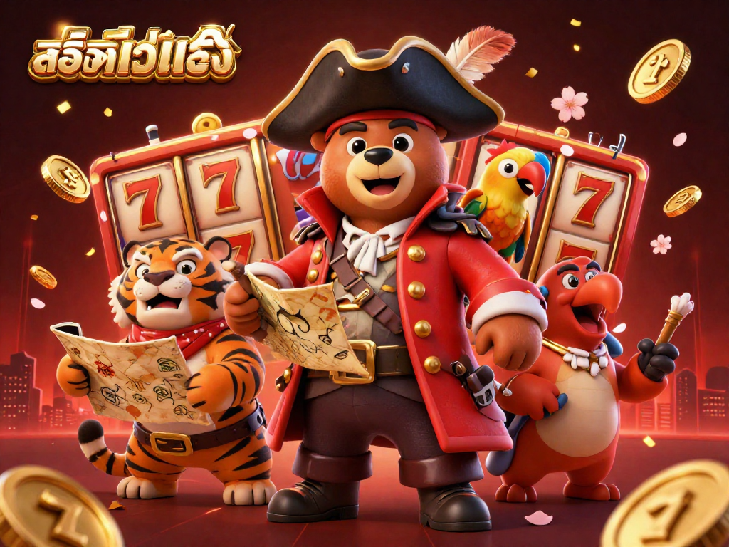 Engage with สล็อตเว็บตรง as the pirate bear and his tiger mate spin the reels for treasure in this vibrant 3D adventure!