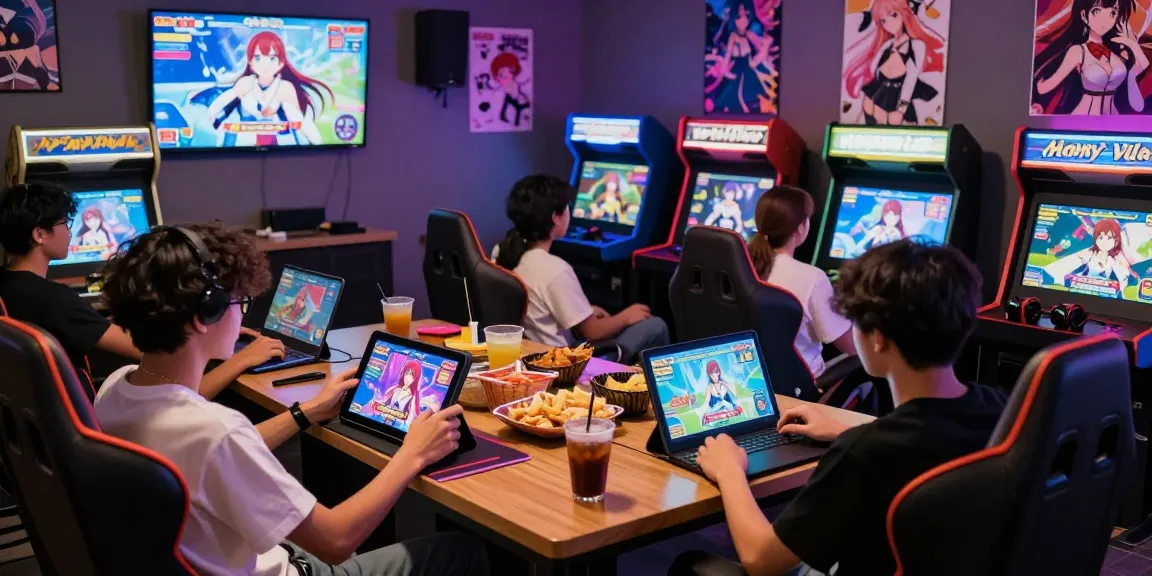 Friends enjoying hentai games in a vibrant gaming lounge with colorful lighting.