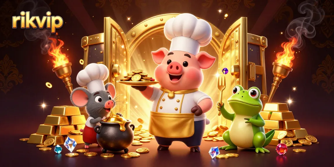 Experience thrilling gameplay with rikvip's vibrant casino illustration featuring gold coins and dynamic characters.