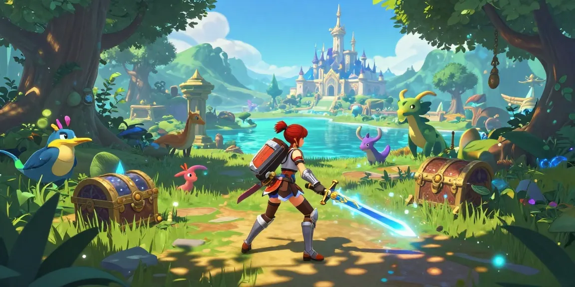 Adventurous female protagonist in a colorful fantasy world exploring a female hentai game.