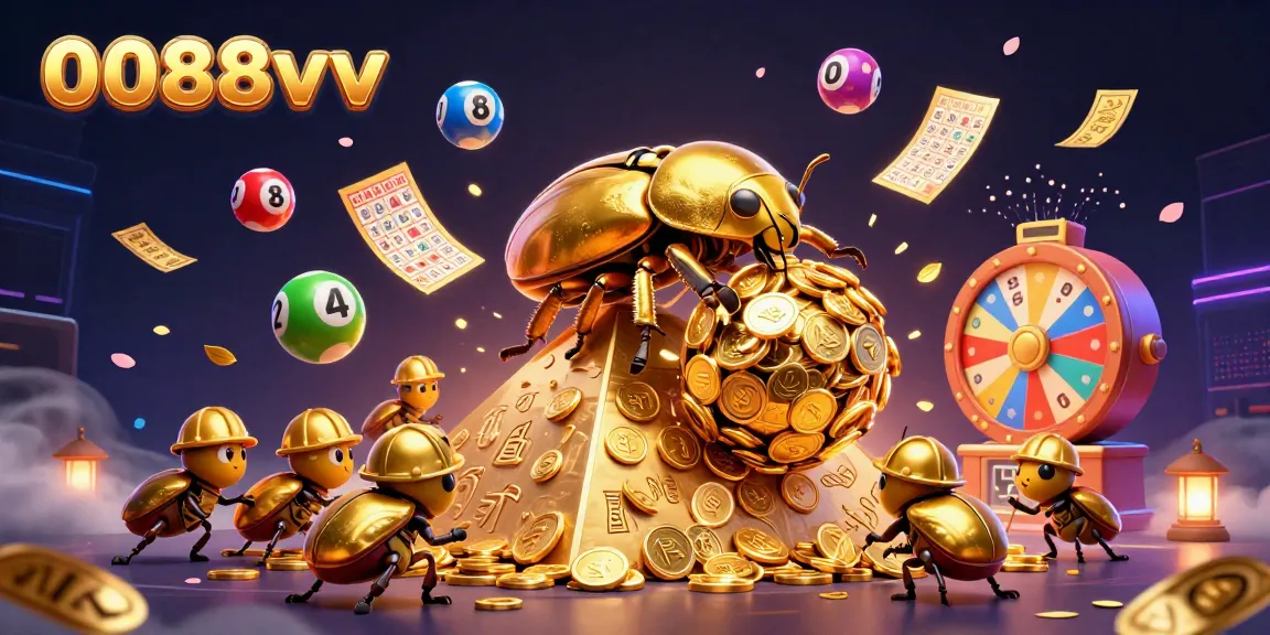 Engage in the 0088vv casino experience featuring a golden dung beetle and dynamic lottery elements.