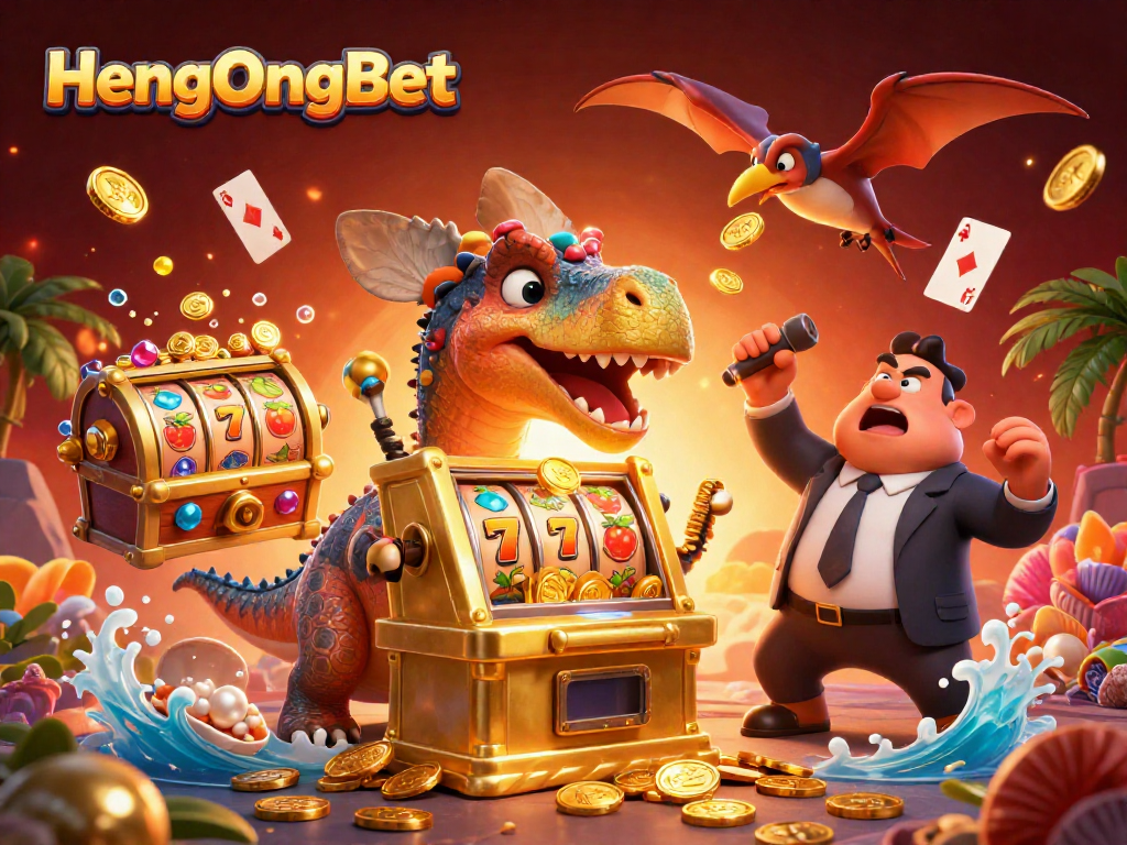 Engaging 3D scene with HengOngBet featuring a dinosaur and golden slot machines, capturing jackpot excitement.