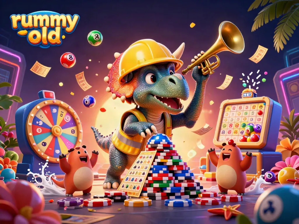 Experience rummy old fun with a colorful 3D scene featuring cartoon dinosaurs celebrating with gaming elements.