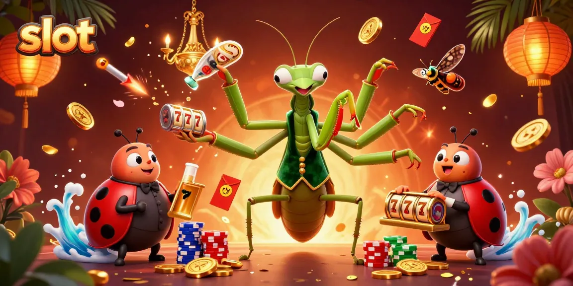 Engage in thrilling slot experiences with giant mantis dealer and vibrant casino elements.