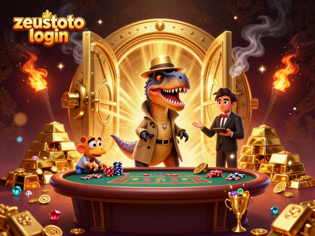 Experience excitement at ZeusToto login with a whimsical 3D illustration of a velociraptor card counter at a blackjack table.