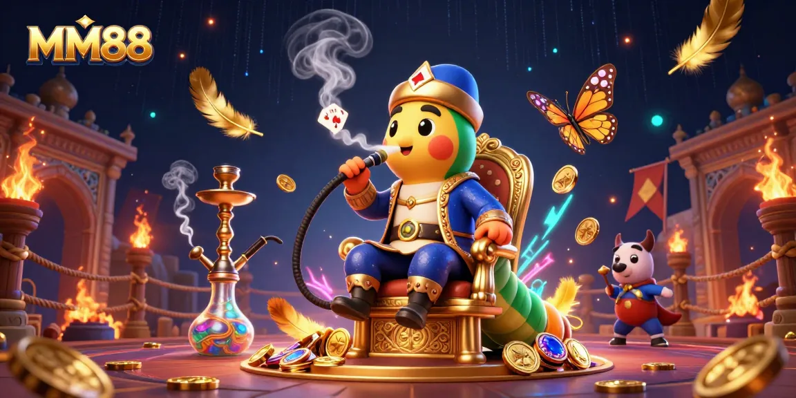 MM88 presents a vibrant 3D casino scene featuring a sultan caterpillar smoking poker symbols among gold coins and dynamic elements.