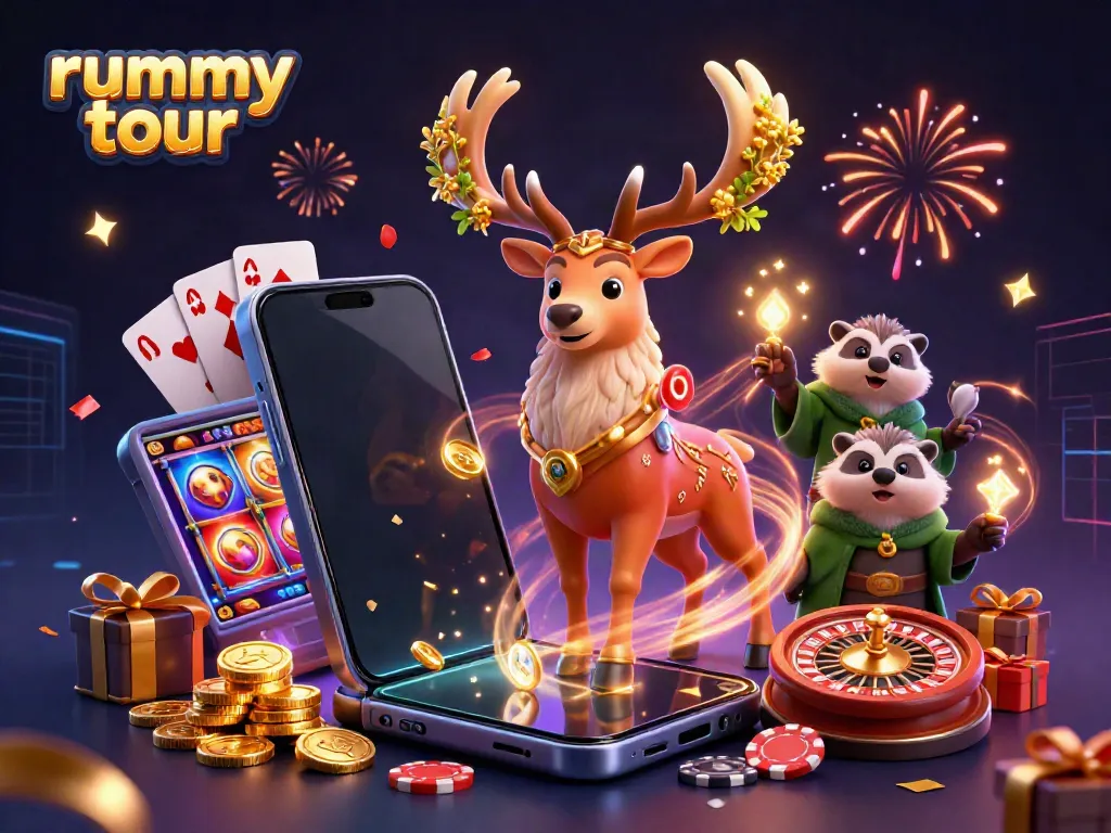 Gambar rummy tour yang menunjukkan permainan kartu dan karakter unik dalam visual yang menarik dan meriah.