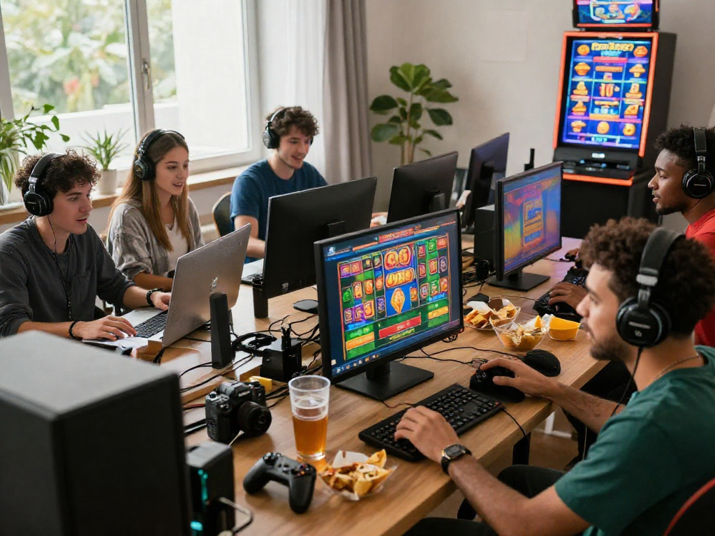 Engaged gamers enjoying MPOCASH.blog's online gambling experience in a lively, tech-savvy home setting.