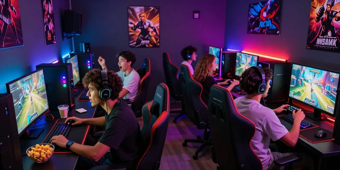 Engaged group playing NSFW games in vibrant gaming lounge.