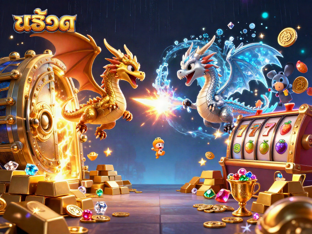 Engage with the exciting สล็อต experience as twin dragons unleash dynamic breath attacks amid treasures.