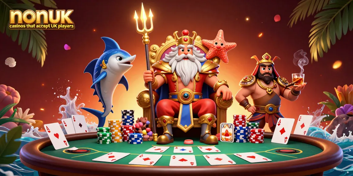 Celebrate non UK casinos that accept UK players while enjoying 3D poker-themed illustration with vibrant gaming elements.