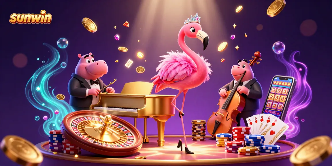 Engage with sunwin's vibrant casino scene featuring a flamingo singer, hippo bassist, and dynamic game elements.